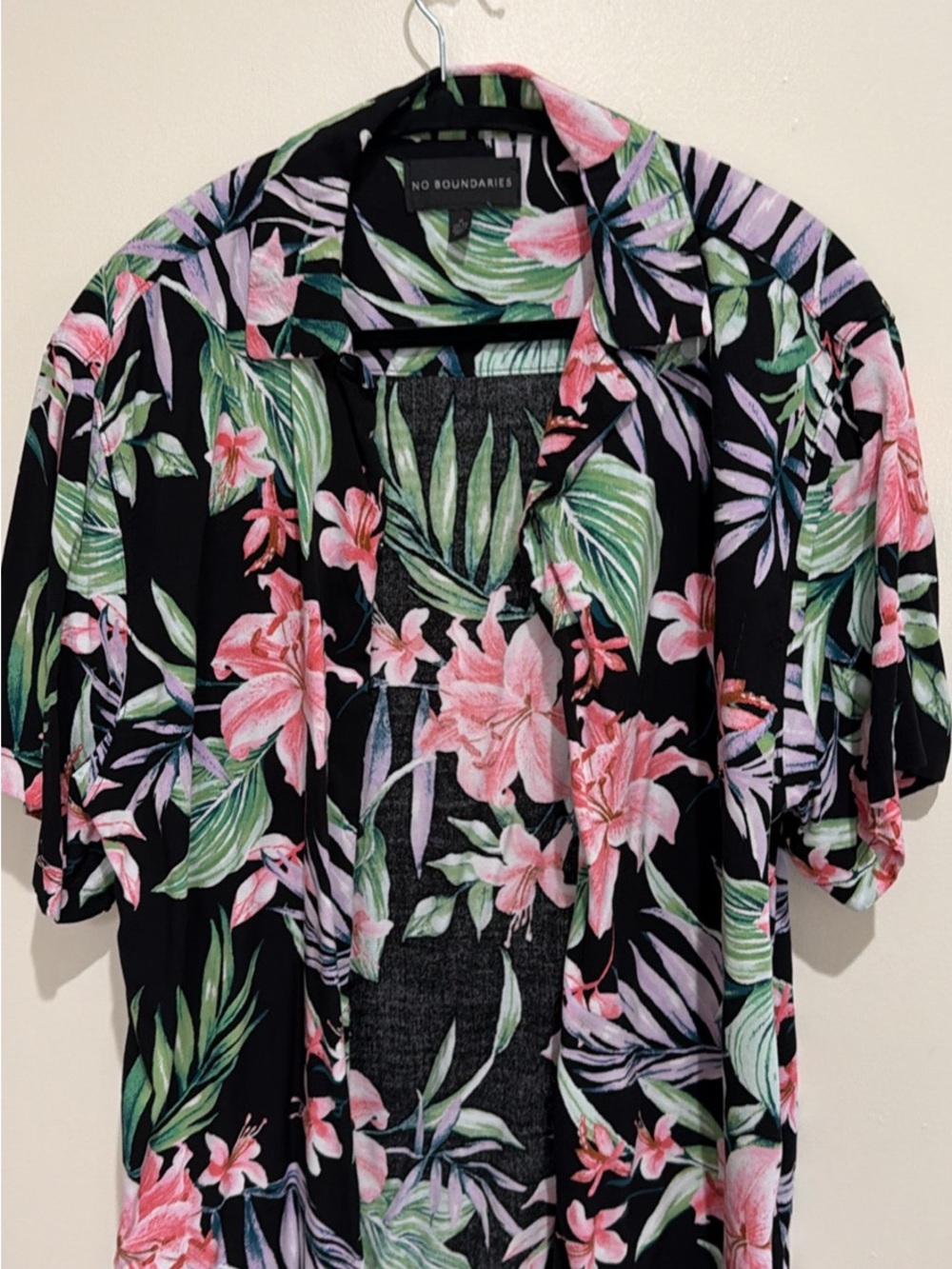 No Boundaries Black Floral Button-Down Shirt with Pink & Green Print